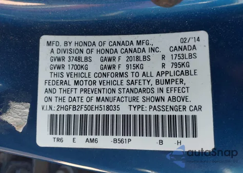 2014 Honda Civic Lx from USA, damaged, VIN 2HGFB2F50EH518035